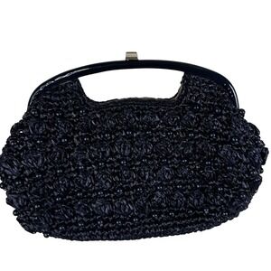 Vintage Navy Raffia Beaded Clutch Evening Bag Top Handle Purse